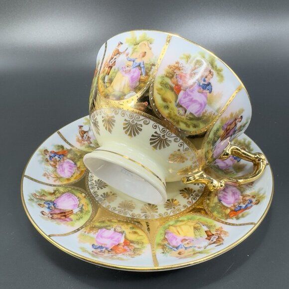 NC Western Germany Love Story Set Teacup Saucer Set Fine Porcelain Heavy Gold - Picture 12 of 16